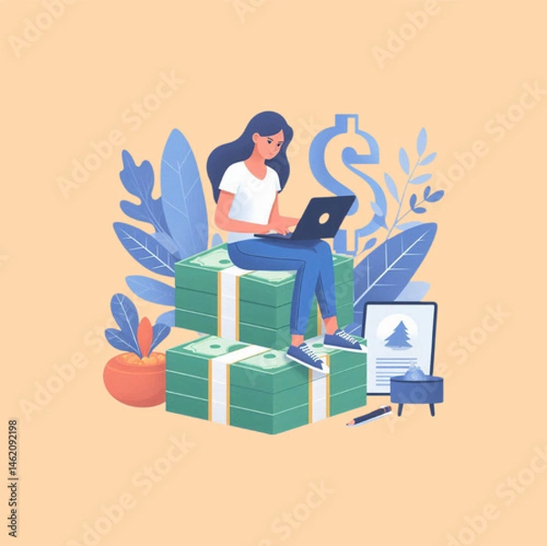 Obraz Freelancer Woman Sitting on Money Stack with Laptop – Financial Freedom and Online Income Concept vector illustration