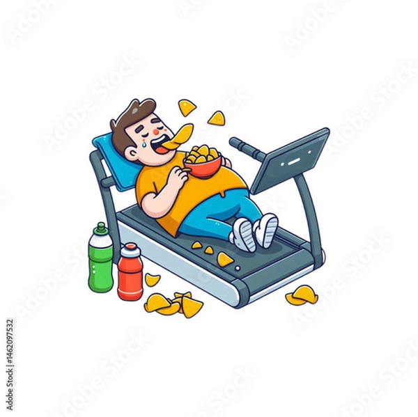 Obraz A humorous and satirical vector illustration of an overweight man lying on a treadmill while eating chips, fast food, and sipping a soft drink.