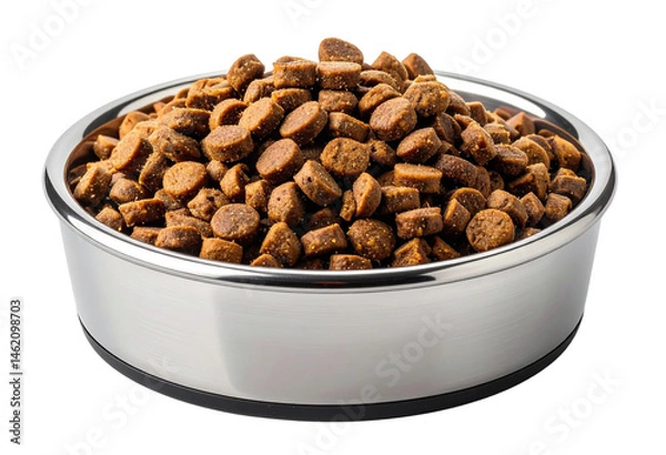 Fototapeta Untitled design - Shiny Metal Bowl with Crunchy Cat Food, isolated on a transparent background