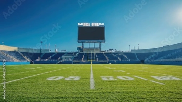 Fototapeta Empty football stadium with scoreboard under a bright blue sky.