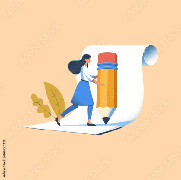 Obraz Imaginative vector illustration featuring a woman holding an oversized pencil and writing on a large sheet of paper, symbolizing creativity, storytelling, and content creation.