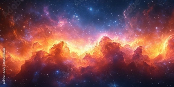 Obraz Vibrant cosmic nebula with swirling clouds and bright stars in deep space at night