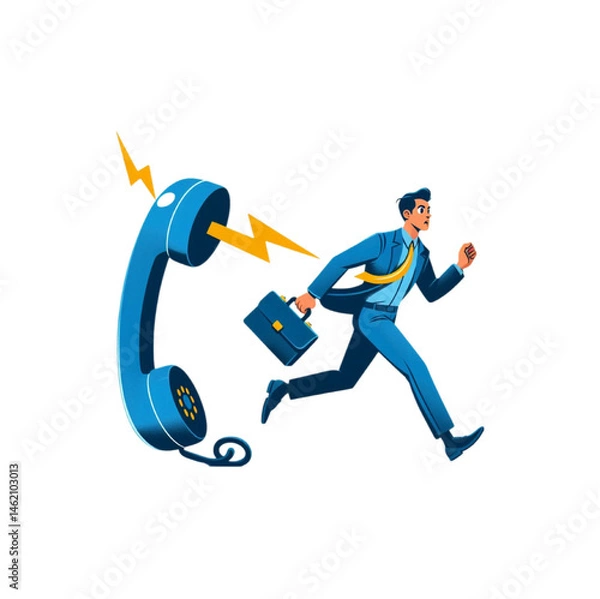 Obraz A man running away from a blue telephone with a lightning bolt coming out of it. Vector illustration