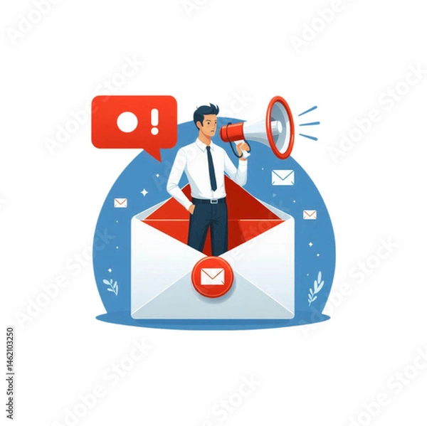 Obraz vector flat style of a man standing on top of an envelope with a megaphone in his hand, possibly making a presentation or pitch.