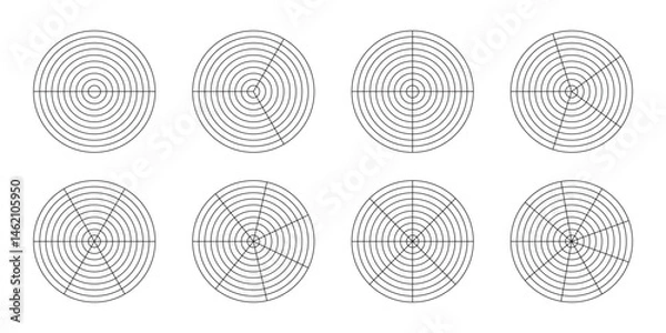Fototapeta Polar coordinate grids divided into 2-9 sectors and 10 circles. Set of concentric meshes with different angles. Radar scheme. Vector illustration.