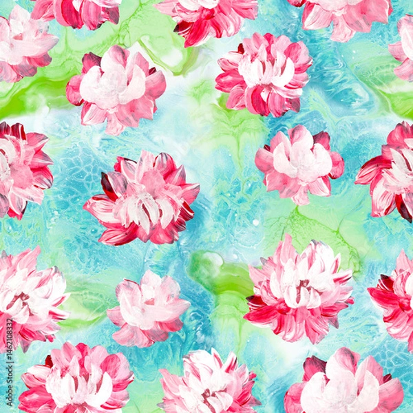 Fototapeta Seamless pattern of abstract pink flowers, original hand drawn, impressionism style, color texture