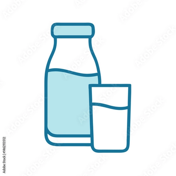 Fototapeta Fresh milk served in a classic glass next to a filled bottle on a clean background for a healthy lifestyle