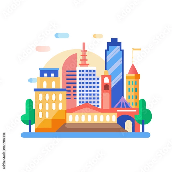 Fototapeta City skyline illustration featuring buildings and trees under a colorful sky at sunset