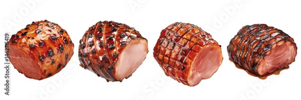 Obraz Glazed hams displayed on a white background showcasing different styles and textures, ideal for culinary presentations