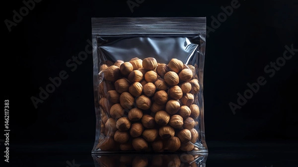 Fototapeta photo of a vacuum-sealed bag filled with fruits/berries studio product photography, hard plastic reflections, soft studio lighting, central composition, shot with 50mm lens, black background, contempo