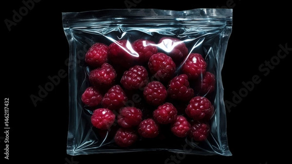 Fototapeta photo of a vacuum-sealed bag filled with fruits/berries studio product photography, hard plastic reflections, soft studio lighting, central composition, shot with 50mm lens, black background, contempo