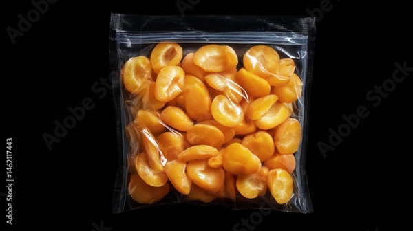 Fototapeta photo of a vacuum-sealed bag filled with fruits/berries studio product photography, hard plastic reflections, soft studio lighting, central composition, shot with 50mm lens, black background, contempo