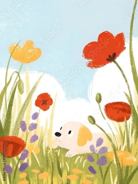 Obraz A cute yellow and white puppy peacefully resting in a lush green meadow full of blooming wildflowers,  poppies, lavender, blossoms, the puppy is sleeping peacefully.  Kids room wall art poster.