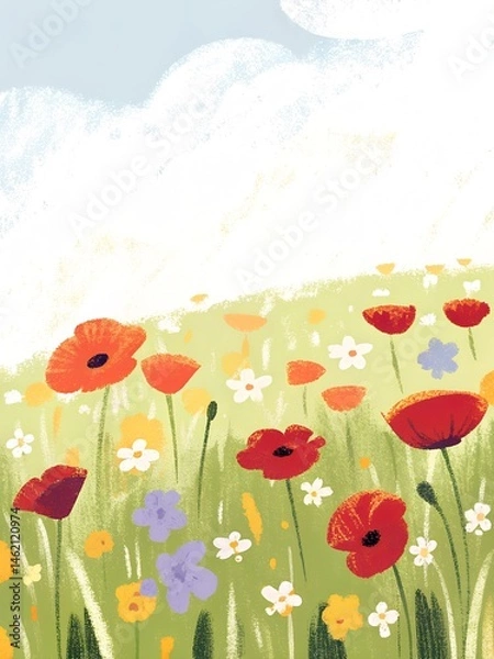 Obraz Lush green meadow full of blooming wildflowers with poppies, lavender, and white blossoms. Perfect for children's books, nursery prints, greeting cards, springtime designs, and whimsical projects.