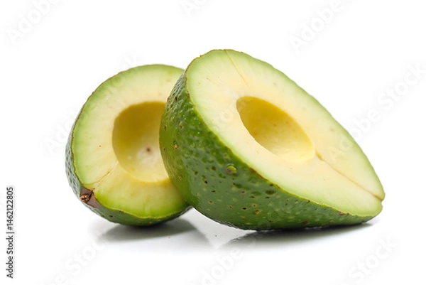 Fototapeta Two green avocados are cut in half and placed on a white background