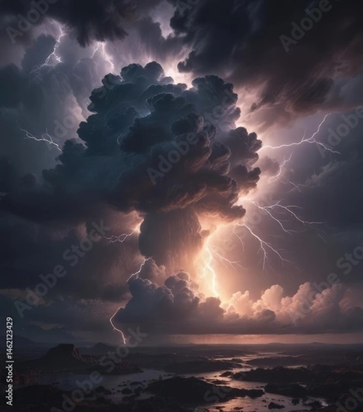 Fototapeta Dense, brooding cloudscape; vibrant lightning illuminates the oppressive gloom ,  light,  stormy weather