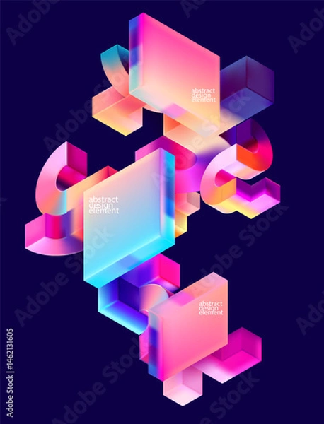 Obraz Multicolored 3D geometric shape . Glass iridescent forms. Abstract poster design for your advertising