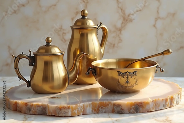 Fototapeta A set of three gold tea pots and a bowl sit on a marble slab