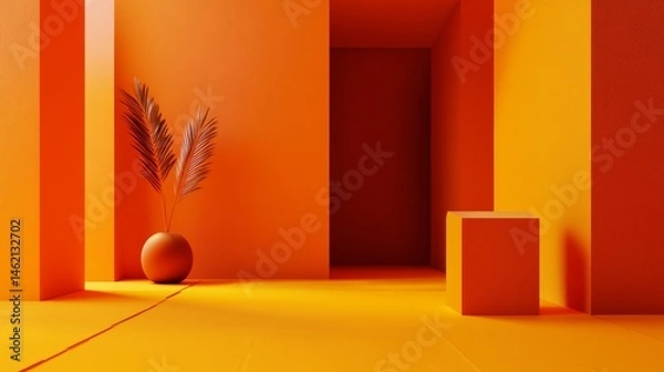 Obraz Monochromatic orange abstract interior with shadows and cube forms for bold minimal modern creative concept