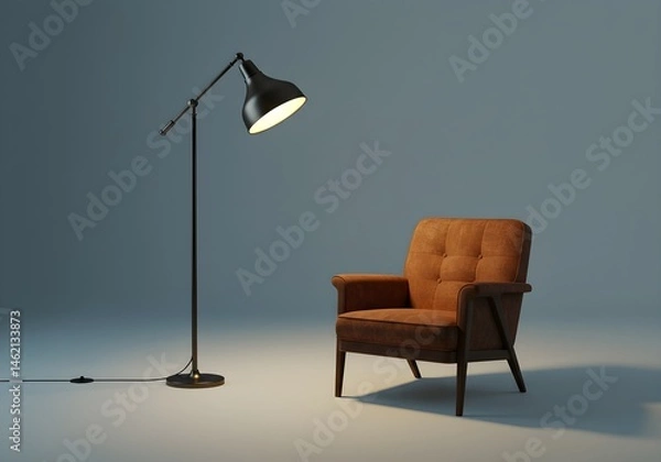 Fototapeta A brown armchair sits beneath a floor lamp in a minimalist room. Soft lighting creates a calm mood.