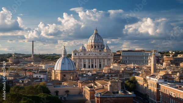 Fototapeta Stunning panoramic view of Vatican at sunset with iconic architecture and clouds above. Peaceful and majestic panorama captures timeless beauty of holy Vatican, city of faith and pillar of religion