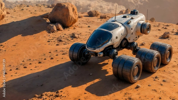 Fototapeta Autonomous rover traverses red dusty terrain, rover sensors scanning rocky outcrops for scientific insights. It crosses red surface of Mars conducting soil analysis from surface for advanced research