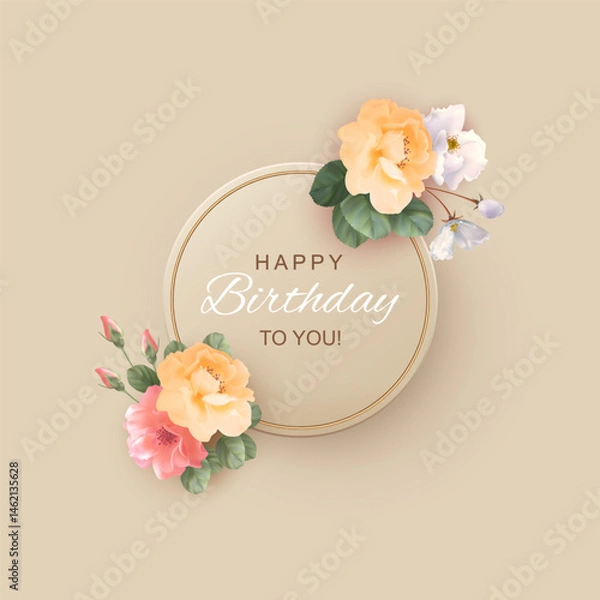 Obraz Stylish greeting card with realistic flower compositions on a beige flat background