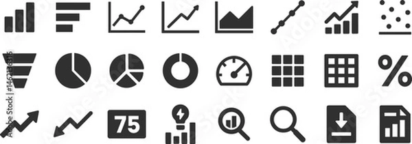 Fototapeta Analytics dashboard glyph icon set. Vector pictograms of percent, growth graph, decline, trend, arrow, filter, segmentation, magnify, analysis, document, black sign silhouette illustration.