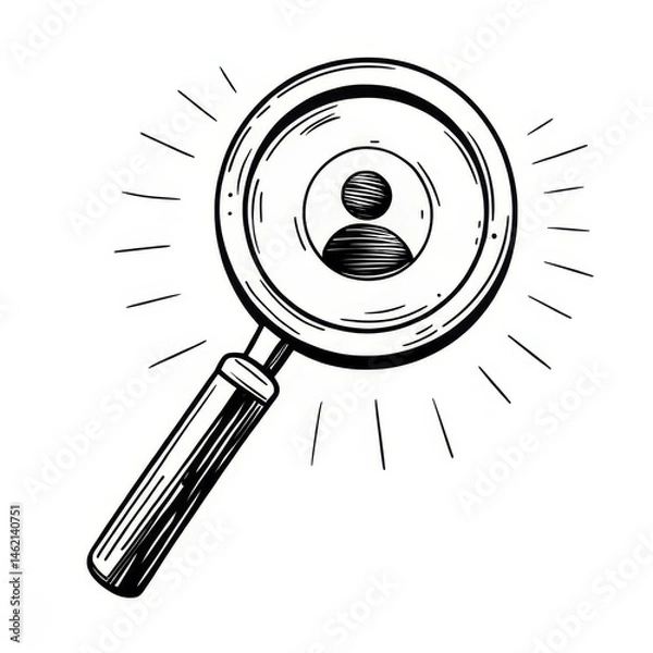Fototapeta A hand-drawn magnifying glass focuses on a user profile icon, symbolizing search or investigation of people.