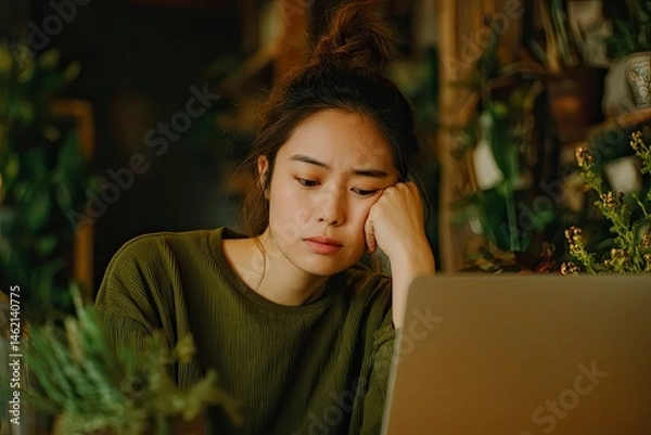 Obraz Sad Woman Using Laptop