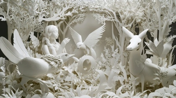Fototapeta Intricate paper sculpture of a whimsical forest scene.