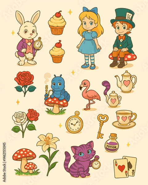 Fototapeta A big  set of anime-style wonderland characters. Cartoon Alice, white rabbit, Hatter, Cheshire cat, flamingos, roses, poison, clock, teapot and cup, key and cards. Vector illustration