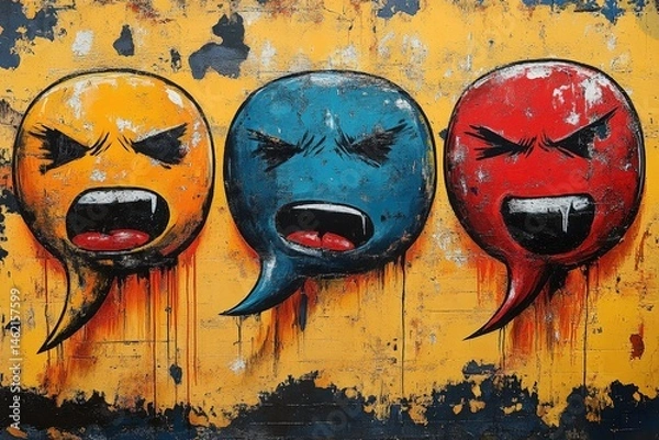 Fototapeta Exploration of Conflicting Thoughts and Emotions Through Vibrant Speech Bubbles in Overlapping Designs