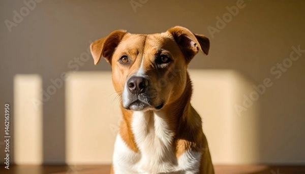 Fototapeta A friendly red and white Pit Bull Terrier mixed breed dog with large floppy ears and wearing a red collar