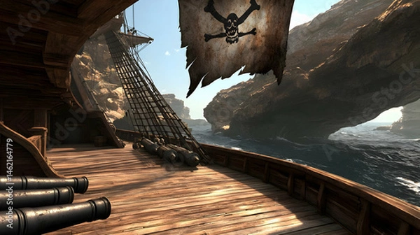 Obraz Pirate Ship Deck At Sea With Flag