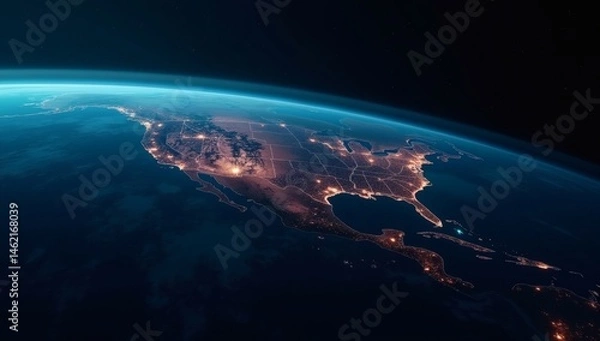 Fototapeta A breathtaking image of Earth from space, capturing the United States at night, with cities and towns glowing brightly, surrounded by the vast ocean and stars