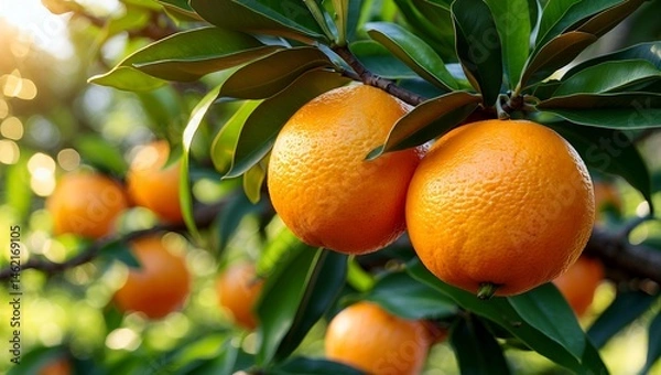 Fototapeta Vibrant fresh oranges on tree branch in sunlight