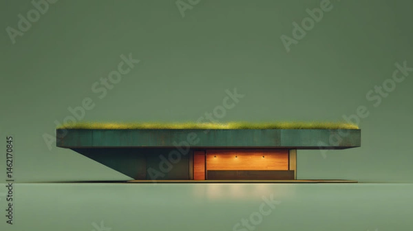 Obraz Dark timber cafe cabin with moss-lined roof edges, resting against a muted green background. The structure is centered perfectly with soft ambient shadows at its base. A warm, uncluttered aesthetic