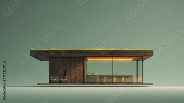 Obraz Dark timber cafe cabin with moss-lined roof edges, resting against a muted green background. The structure is centered perfectly with soft ambient shadows at its base. A warm, uncluttered aesthetic