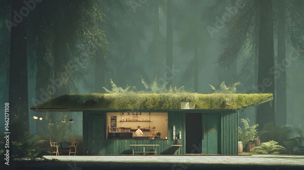 Fototapeta Rustic woodland cabin-style cafe pop-up with deep-toned timber walls and moss-covered roof edges, centered in a soft forest green setting. The cozy design features subtle reflections on aged wood and