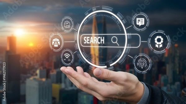 Fototapeta Technology concept with search bar and icons on a hand.