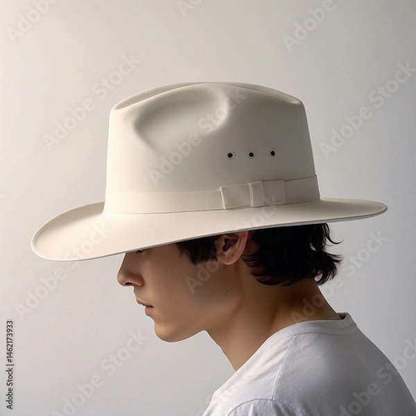 Fototapeta Man wearing a wide-brim cream cowboy hat in profile, minimal studio lighting on neutral background.