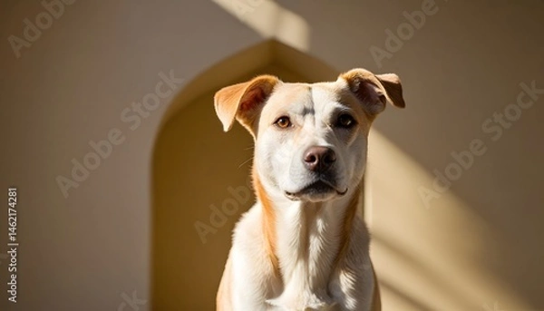 Fototapeta A friendly red and white Pit Bull Terrier mixed breed dog with large floppy ears and wearing a red collar