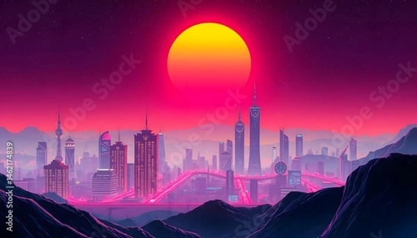 Fototapeta Retro background landscape 1980s style. Retro 80s sci-fi background city landscape. Futuristic background retro wave. Retro futuristic synth wave retro wave 80s styled night cityscape with a big sunse