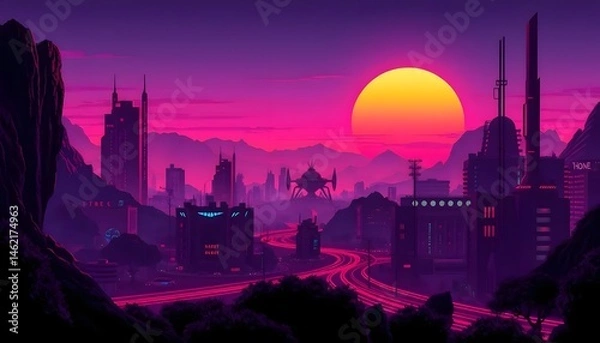 Fototapeta Retro background landscape 1980s style. Retro 80s sci-fi background city landscape. Futuristic background retro wave. Retro futuristic synth wave retro wave 80s styled night cityscape with a big sunse