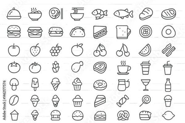 Fototapeta Collection of vector illustrations featuring various food icons in a minimalist style including fruits, desserts, and main dishes