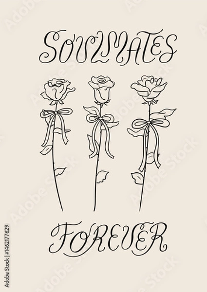 Fototapeta Soulmates forever calligraphy quote and hand drawn roses with bows. Vector line illustration and romantic lettering. Vintage elegant greeting card for wedding or valentine's day