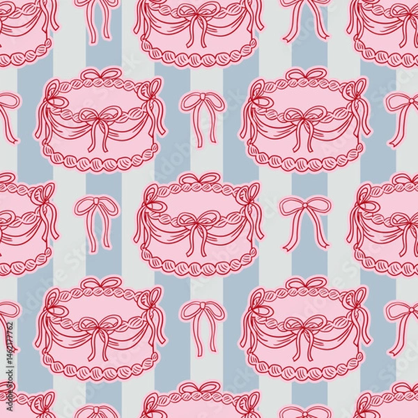 Fototapeta Vintage seamless pattern with elegant cakes and bows on striped background. Elegant vector illustration in coquette aesthetic