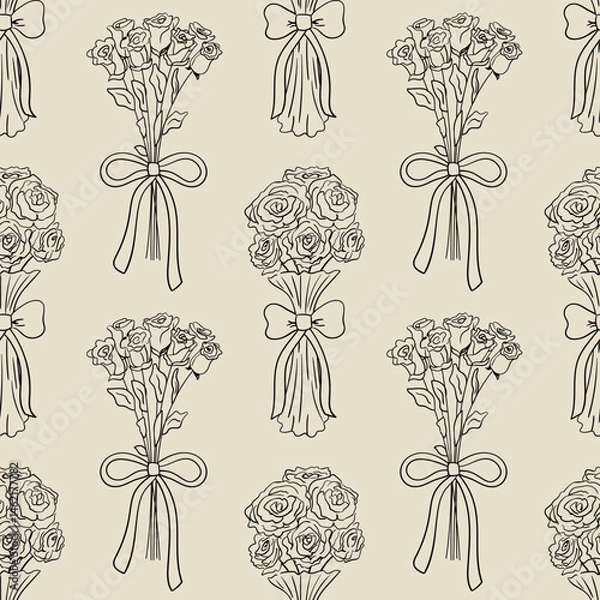 Fototapeta Elegant vintage seamless pattern with hand drawn wedding bouquets of roses and bows. Vector background in sketch style