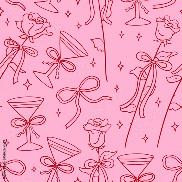 Fototapeta Elegant vintage seamless pattern with hand drawn romantic elements. Roses branches with bows and cocktail glasses. Vector outline background